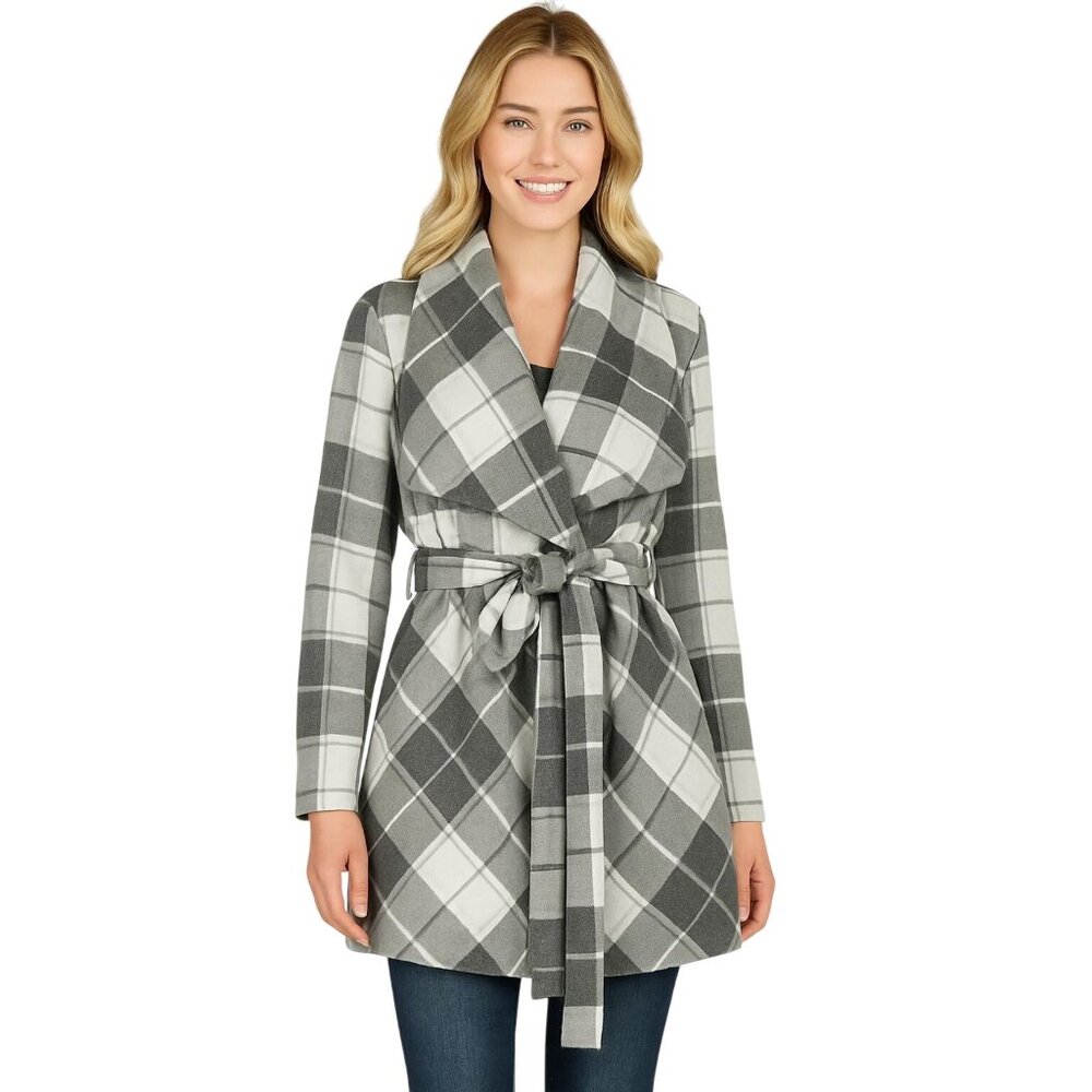 Matilda Jane Check It Twice Plaid Drapey Open Front Wrap Belted Shacket Coat XS